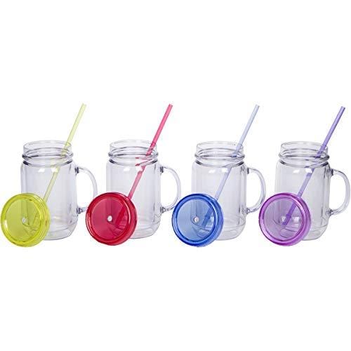 Zephyr Canyon Plastic Mason Jars with Handles, Lids and Straws | 20 oz Double Insulated Tumbler with Straw | 4 Pack Set of 4 | Wide Mouth Mason Jar