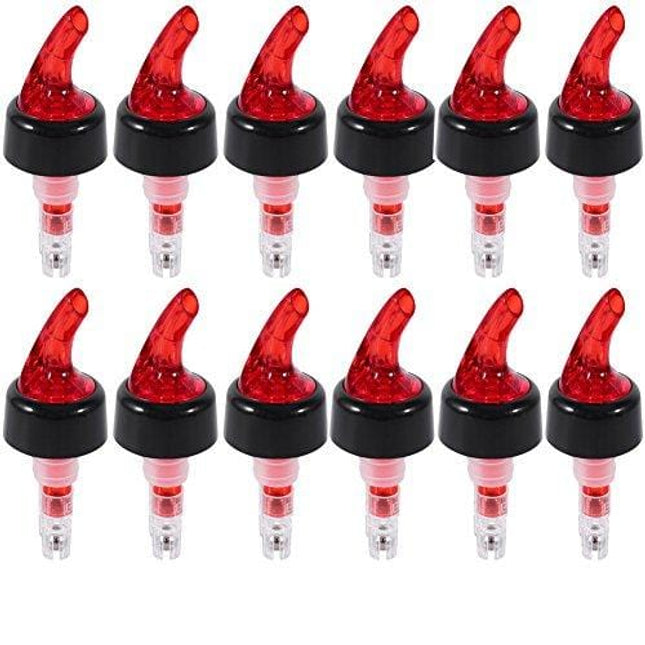 Measure Liquor Pourer, Plastic Measured Liquor Pourer 1 OZ Auto Measuring Shot Chamber Pourer Pour Spout Stopper for Liquor Wine (Red, pack of 12)