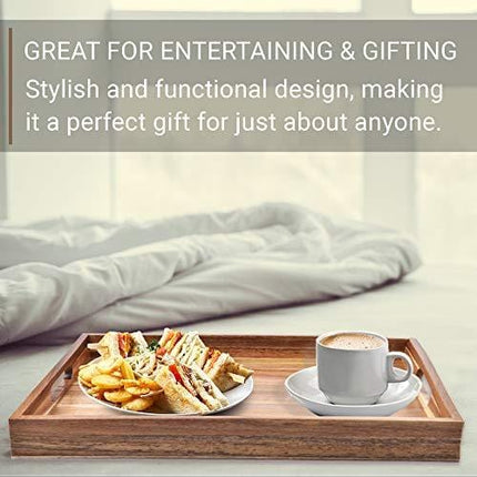 Acacia Wood Serving Tray with Handles (16 Inches) – Decorative Serving Trays Platter for Breakfast in Bed, Lunch, Dinner, Appetizers, Patio, Ottoman, Coffee Table, BBQ, Party –Great for Lap &Couch