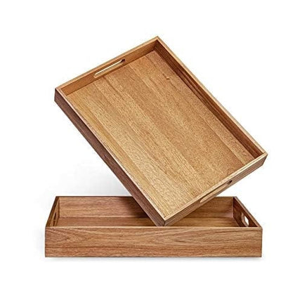 Acacia Wood Serving Tray with Handles Set of 2 – Decorative Serving Trays Platter for Breakfast in Bed, Lunch, Dinner, Patio, Ottoman, Coffee Table, BBQ, Party –Great for Lap &Couch