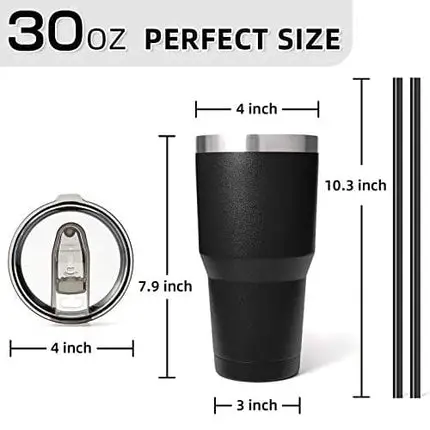 Zibtes 30oz Insulated Tumbler With Lids and Straws, Stainless Steel Double Vacuum Coffee Tumbler Cup, Powder Coated Travel Mug for Home, Office, Travel, Party (Black 1 pack)