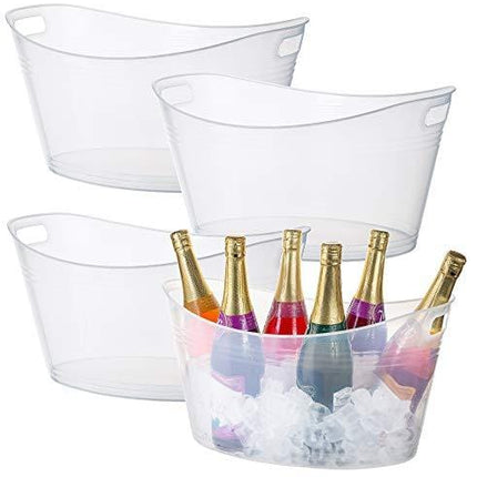 Zilpoo 4 Pack - Large Plastic Oval Storage Tub, 18 Liter Wine, Beer Bottle Drink Cooler, Parties Ice Bucket, Party Beverage Chiller Bin, Baskets, Clear