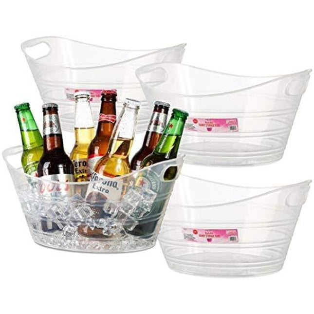 Zilpoo 4 Pack - Plastic Oval Storage Tub, 4.5 Liter Wine, Beer Bottle Drink Cooler, Parties Ice Bucket, Party Beverage Chiller Bin, Baskets, Clear