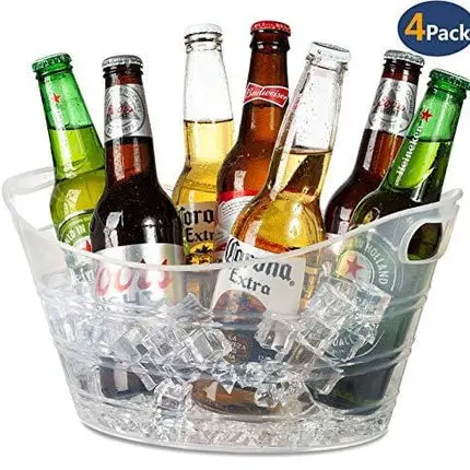 Zilpoo 4 Pack - Plastic Oval Storage Tub, 4.5 Liter Wine, Beer Bottle Drink Cooler, Parties Ice Bucket, Party Beverage Chiller Bin, Baskets, Clear
