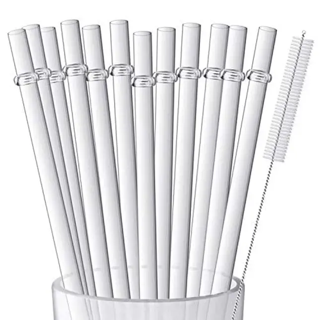 ALINK Skinny Clear Glass Straws, 10.5 x 7 mm Long Reusable Drinking Straws for 30 oz RTIC/Yeti Tumblers, Mason Jars, Pack of 8 with 2 Cleaning