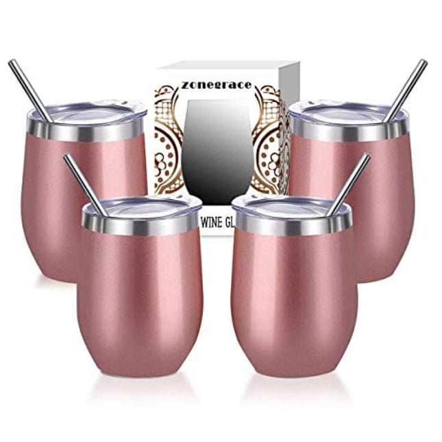 ZONEGRACE 4 pack Rose Gold 12 Oz Stainless Steel Stemless Wine Glass Mug, Double Wall Vacuum Insulated thermal Wine Tumbler with Lids Set of 4 for Coffee, Wine, Cocktails, Ice Cream Including 4 Straws
