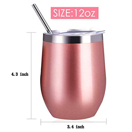 ZONEGRACE 4 pack Rose Gold 12 Oz Stainless Steel Stemless Wine Glass Mug, Double Wall Vacuum Insulated thermal Wine Tumbler with Lids Set of 4 for Coffee, Wine, Cocktails, Ice Cream Including 4 Straws