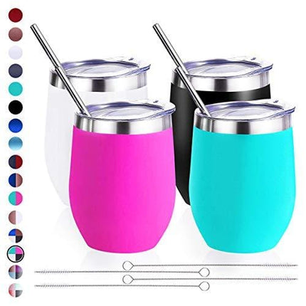 Zonegrace 4 pack 12 oz Stainless Steel Stemless Wine Glass Tumbler Multicolor Double Wall Vacuum Insulated Wine Tumbler with Lids Set of 4 for Coffee, Wine, Cocktails, Ice Cream Including 4 Straws