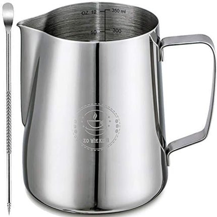 Milk Frothing Pitcher 12oz,Espresso Steaming Pitcher 12oz,Espresso Machine Accessories,Milk Frother cup 12oz,Milk Coffee Cappuccino Latte Art ,Stainless Steel Jug