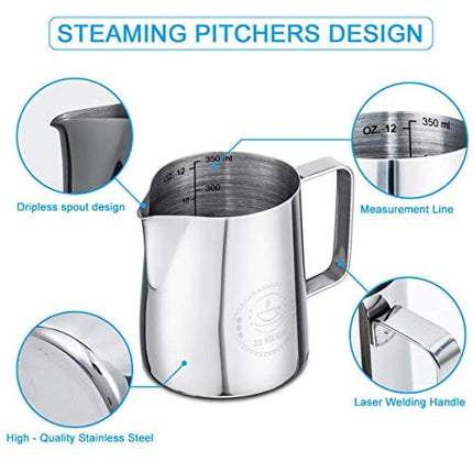 Milk Frothing Pitcher 12oz,Espresso Steaming Pitcher 12oz,Espresso Machine Accessories,Milk Frother cup 12oz,Milk Coffee Cappuccino Latte Art ,Stainless Steel Jug