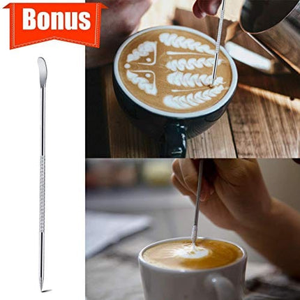 Milk Frothing Pitcher, 12oz Espresso Steaming Pitchers Stainless Steel Milk Coffee Cappuccino Barista Steam Pitchers Milk Jug Cup with Decorating Pen Latte Art