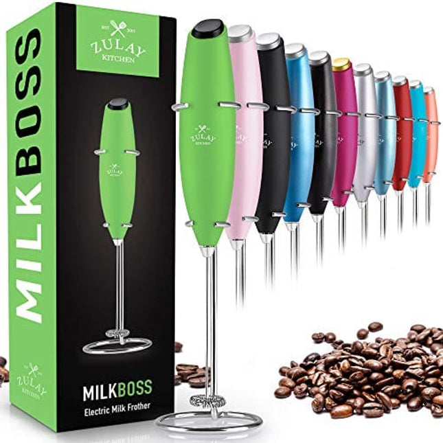 Zulay Original Milk Frother Handheld Foam Maker for Lattes - Whisk Drink Mixer for Coffee, Mini Foamer for Cappuccino, Frappe, Matcha, Hot Chocolate by Milk Boss (Green)