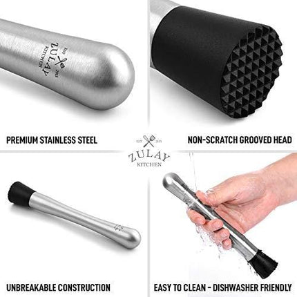 Zulay (8 inch) Stainless Steel Muddler For Cocktails - Professional Cocktail Muddler With Grooved Nylon Head - Ideal Bartender Tool For Mixing Drinks at Home, Bar, Parties, and More