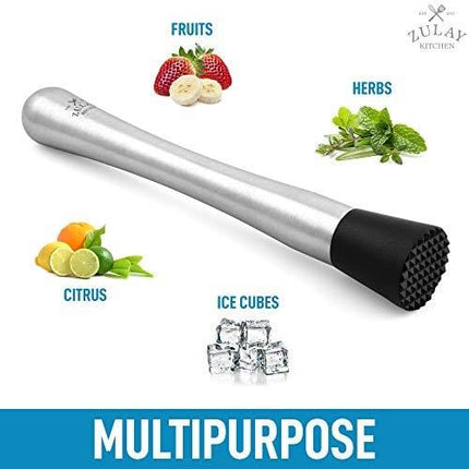 Zulay (8 inch) Stainless Steel Muddler For Cocktails - Professional Cocktail Muddler With Grooved Nylon Head - Ideal Bartender Tool For Mixing Drinks at Home, Bar, Parties, and More