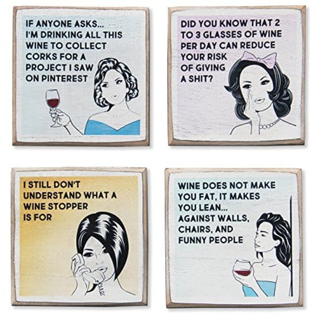 Wine Coasters Set & Holder - Funny Gifts for Women - Cool Wine Gift for Women - Housewarming Gifts for Wine Lovers - Wine Accessories (Funny Wine)