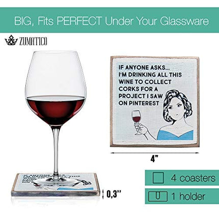 Wine Coasters Set & Holder - Funny Gifts for Women - Cool Wine Gift for Women - Housewarming Gifts for Wine Lovers - Wine Accessories (Funny Wine)