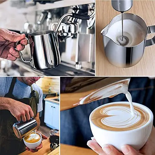 Milk Frothing Pitcher, 12oz Stainless Steel Milk Frother Cup Steaming  Pitcher, Coffee Bar Cappuccino Espresso Machine Accessories Barista Tools,  Metal Pitcher Milk Jug with Decorating Latte Art Pen